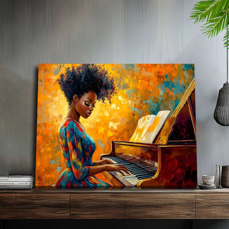1pc Vibrant African-American Woman Playing Piano Canvas Art with Wooden Frame Colorful Retro Wall