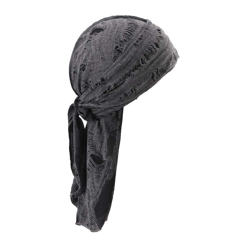 1pc Men'S Vintage Distressed Pirate Hat with Adjustable Ties Black Knit Polyester Rapper Wrap Tur
