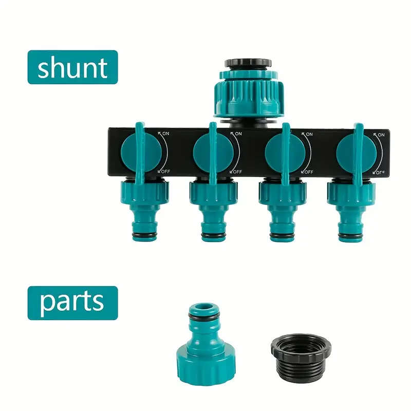 4Way Garden Hose Splitter  1" to 3/4"  1/2" Threads Durable ABS Plastic Green with Black - Essential