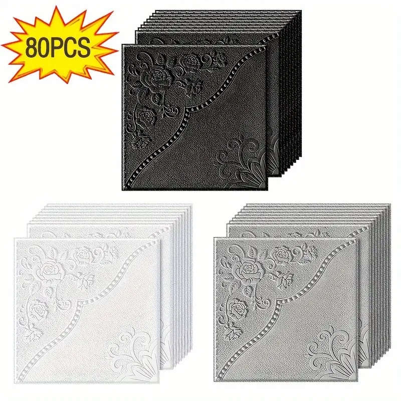 80pcs 3D Floral Self-Adhesive Wall Tile Stickers