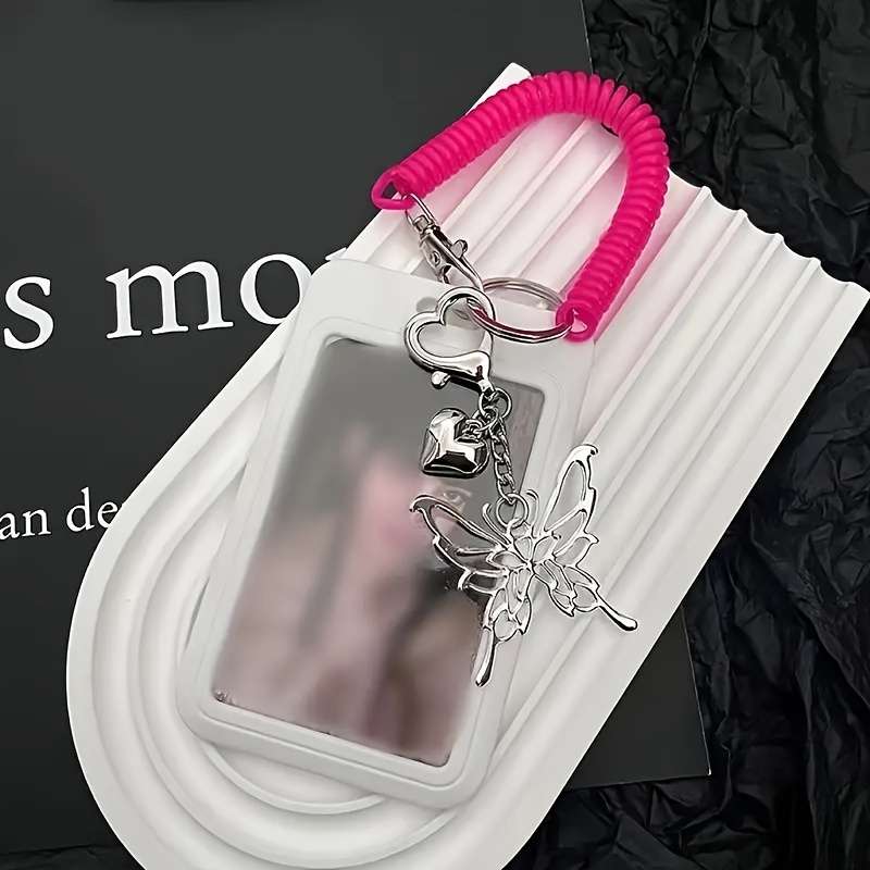 1pc Butterfly Spring Photo Holder Keychain Durable Plastic Card Case Cover Photo Album Accessory