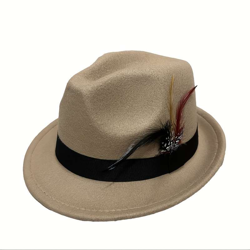1pc Unisex Classic Cotton Blend Fedora Hat with Feather Breathable Short Brim Felt Panama Dress Ca