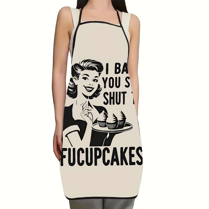 1pc Vintage-Style "I Baked You Some Cakes" Print Apron Beige with Black White Illustration
