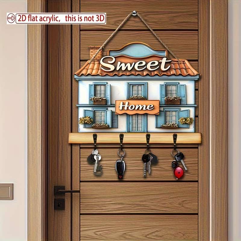 A Vintage Summer Villa Wooden Key Holder Measuring 29.97 X 22.86 cm Featuring 4 Metal Hooks Suitab