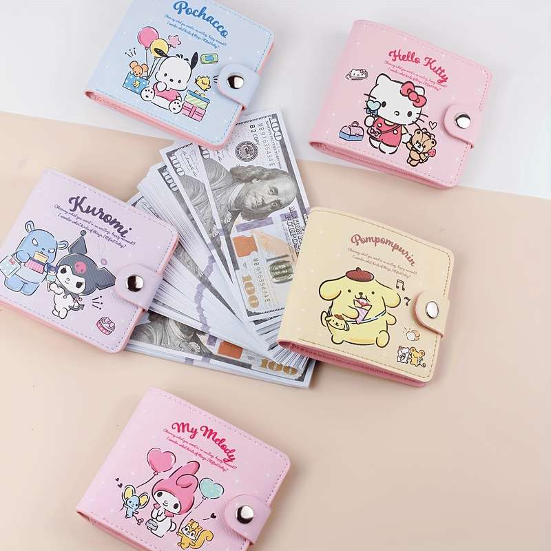 1pc Sanrio Cartoon Cute Wallet Pink Yellow Blue Purple Multi-Compartment Wallet with Button