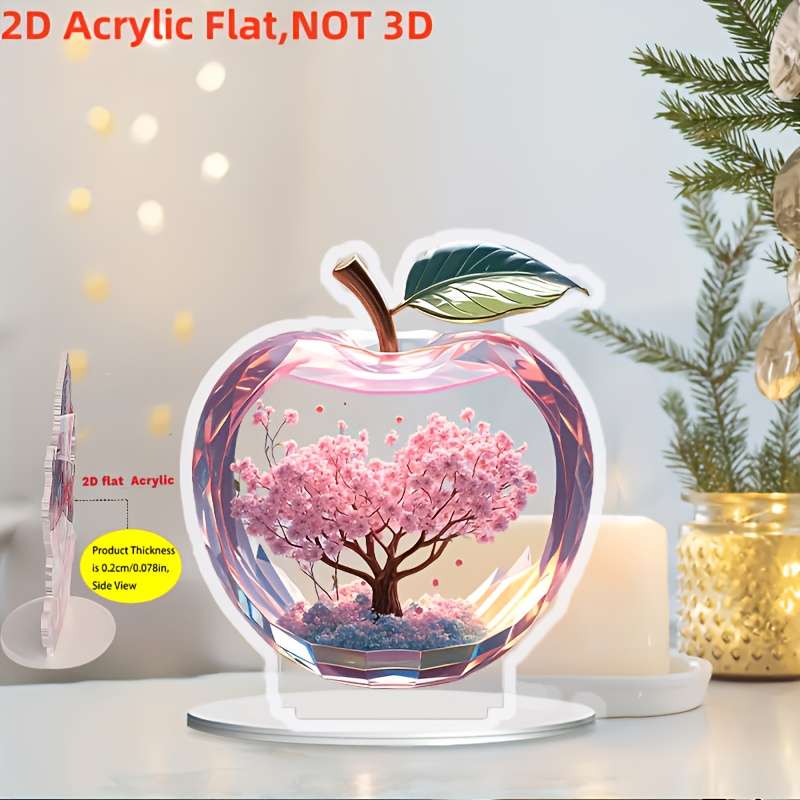1pc 2D Flat    Acrylic Apple Shape Ornament with Sakura Design Transparent Pink Flower