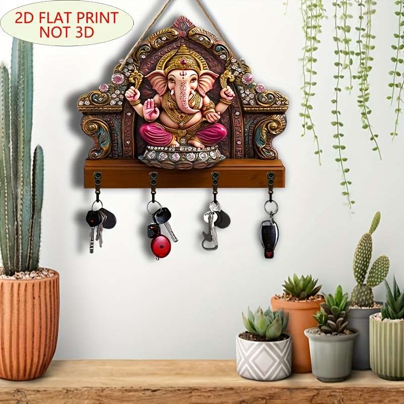 1pc Ganis Wooden Key Holder with 4 Metal Hooks Easy Install Space-Saving Wall Mount Organizer for