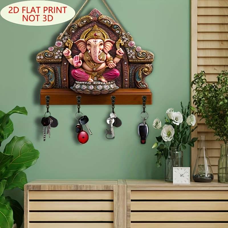 1pc Ganis Wooden Key Holder with 4 Metal Hooks Easy Install Space-Saving Wall Mount Organizer for
