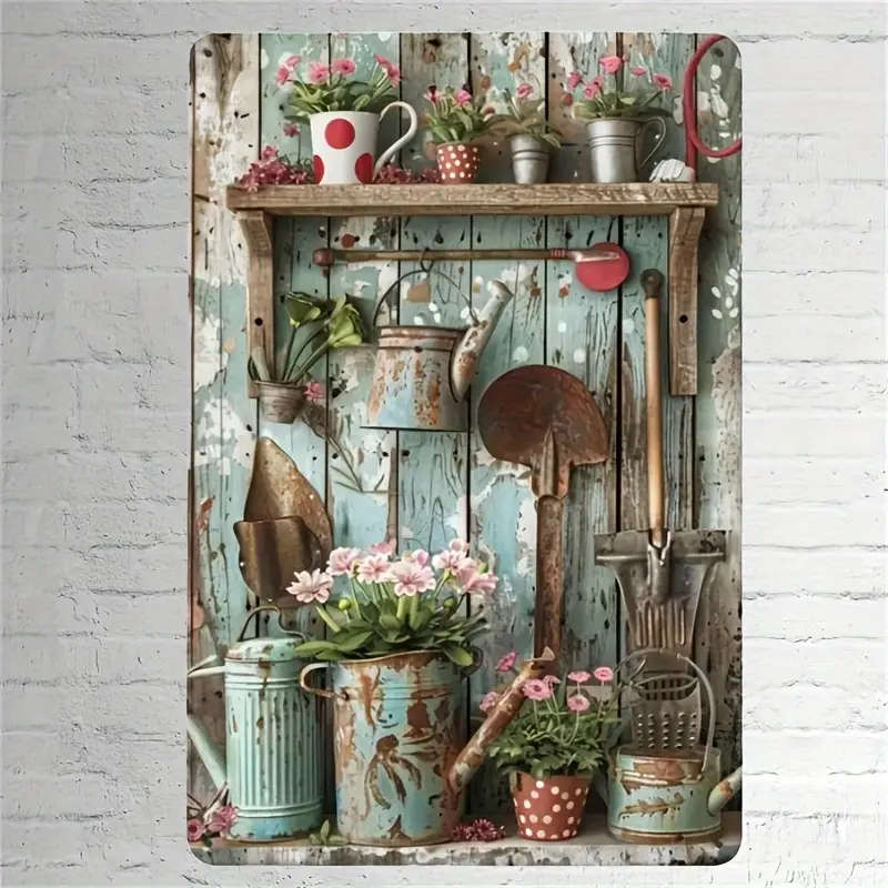 1pc Vintage Gardening Tools Metal Tin Sign 20.32x30.48cm Rustic Iron Wall Art Pastoral-Themed Home G
