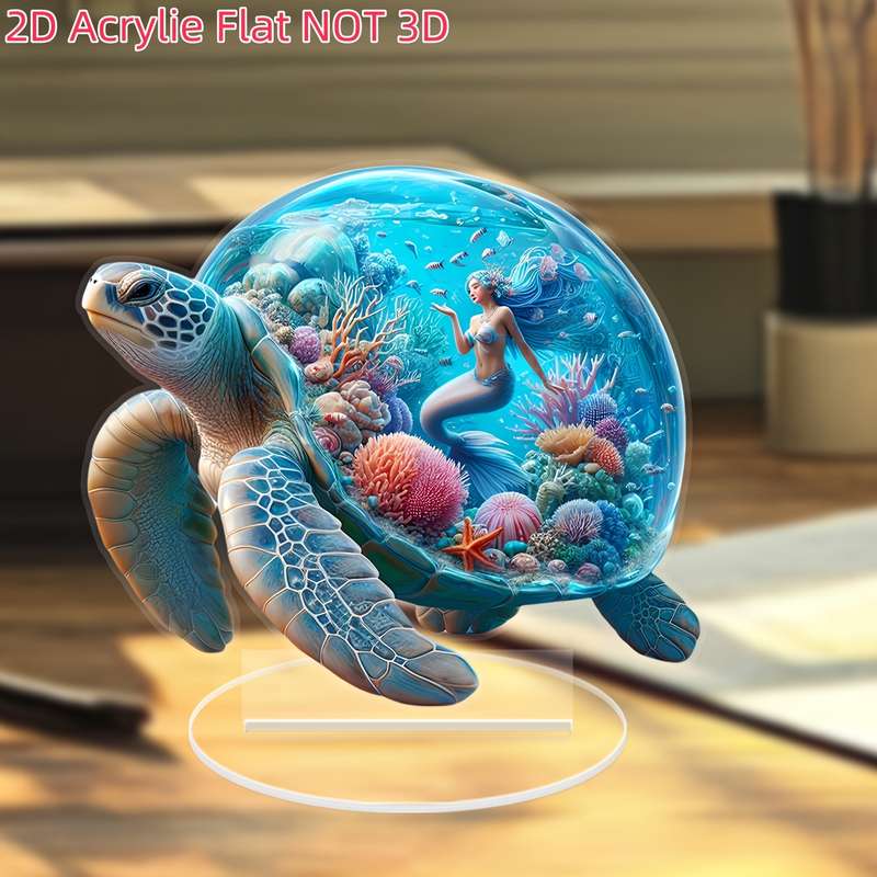 1pc 2D Flat   Bohemian Style  Acrylic Turtle Statue with Oceanic Mermaid Design Colorful Des