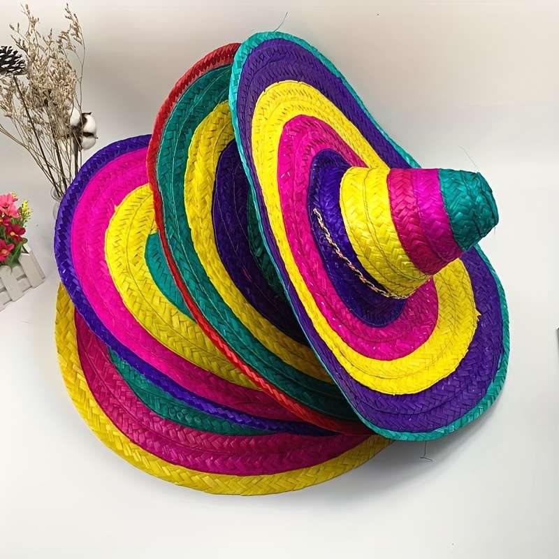 1pc Vibrant Mexican Fiesta Sombrero Colorful Cotton Woven Hat with Black Ribbon Perfect for Hall