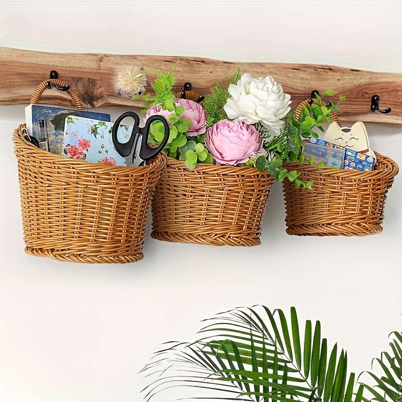 3pcs set (L+M+S) Imitation Rattan Wall Storage Basket Woven Hanging Baskets Kitchen Ginger Ga