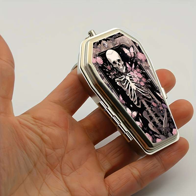 1pc Halloween Rose Colored Coffin Shaped Pocket Ashtray Keychain Portable Mini Ashtray with Li