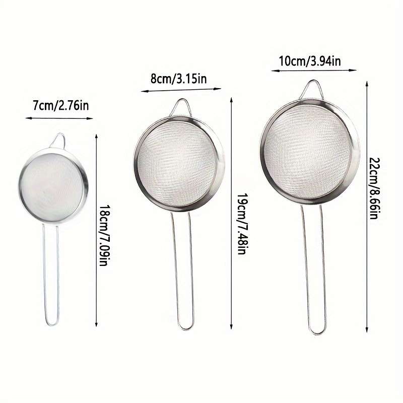 3pcs Stainless Steel Fine Mesh Strainers with Metal Handles Multi-Size Flour Sifters Oil Fi
