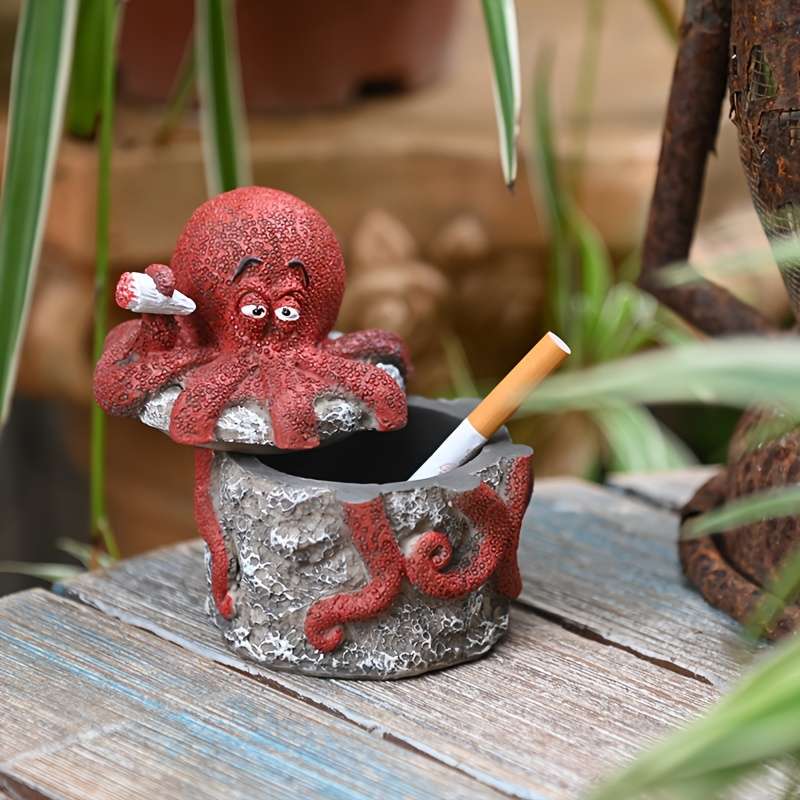1pc Whimsical Octopus Statue with Lid Windproof Resin Ashtray for Indoor Outdoor Decor Perfect f