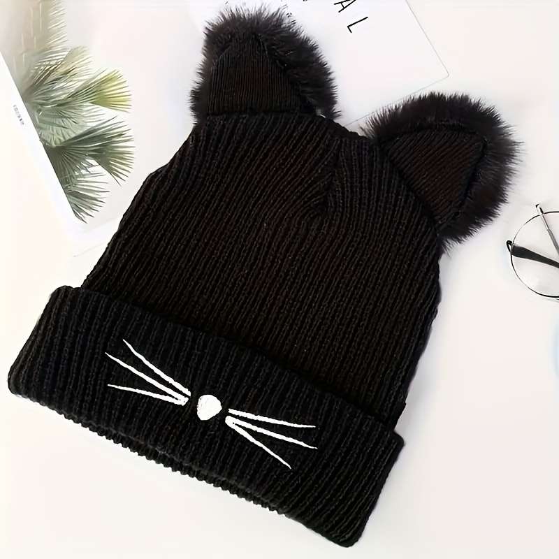 1pc Women's Cute Cat Ear Knit Beanie with Embroidery Acrylic Stretch Skull Cap for Winter Warmth