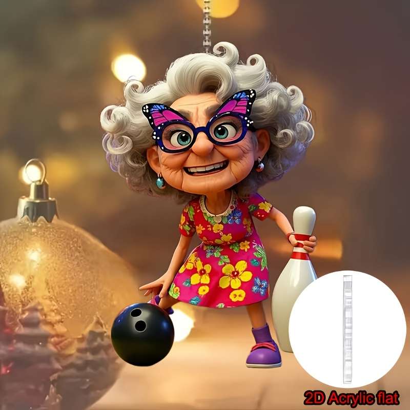 1pc 2D Flat   Acrylic Car Pendant Cute Grandma Playing Bowling Colorful Floral Dress Purpl