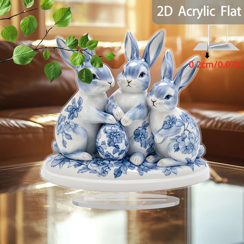 1pc 2D Flat   Plane Easter Blue and White Porcelain Rabbit and Egg  Acrylic Sun Catcher Desk