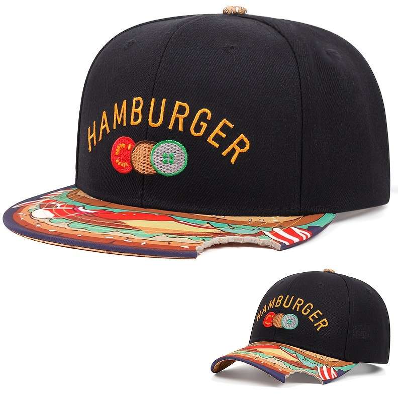 1pc Men's Cap With HAMBURGER Embroidery And A Flat Brim Men's Casual Adjustable Buckle Baseball Ca