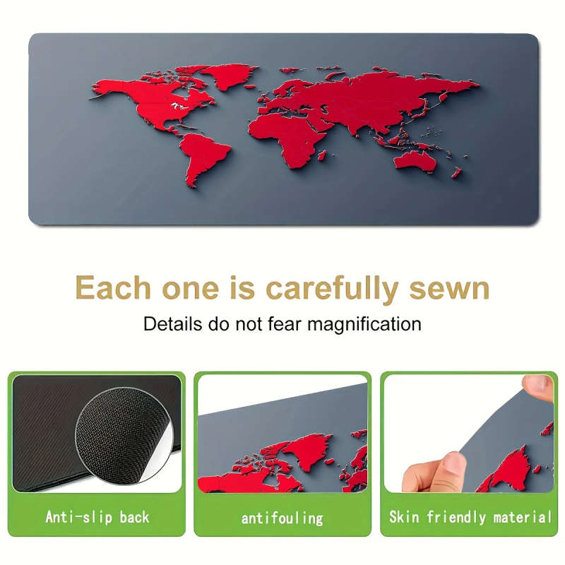 1pc 40x90cm Red World Map Design Mouse Pad Non-Slip Waterproof Washable Desk Mat