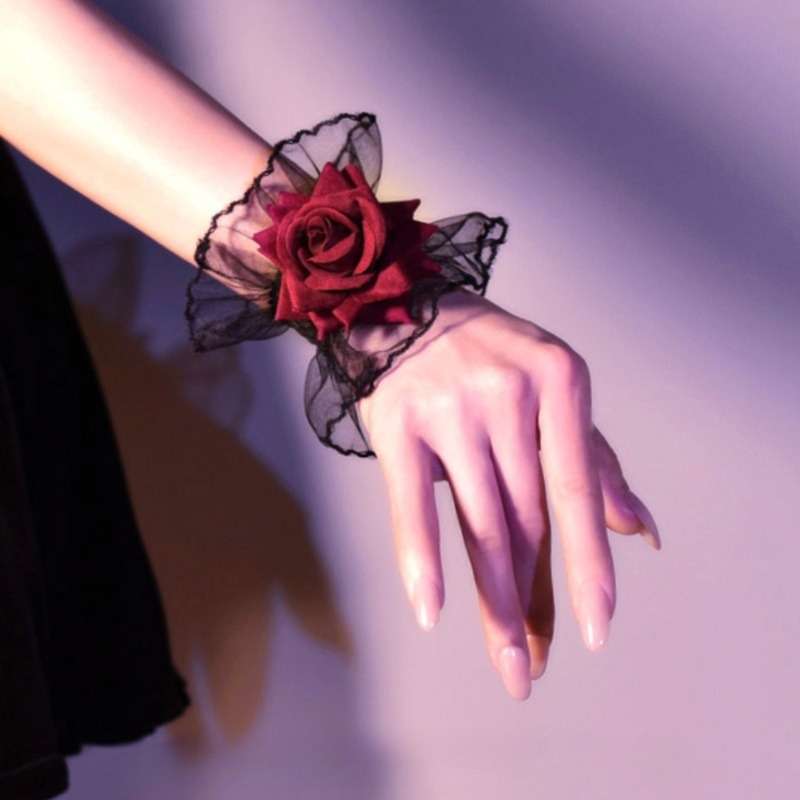 1 Pair Black Lace Rose Wrist Gloves