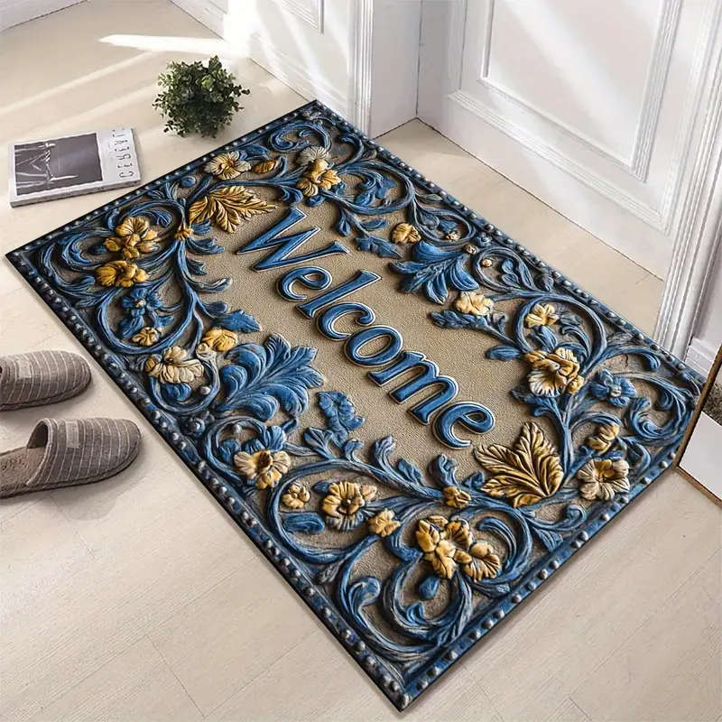 1pc Chic Abstract Line Welcome Doormat Botanical Pattern Non-Slip Machine Washable Polyester Rug