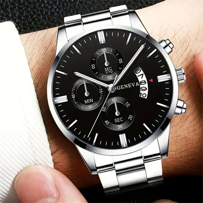2pcs Watch Set: Stylish Alloy Round Case with Calendar