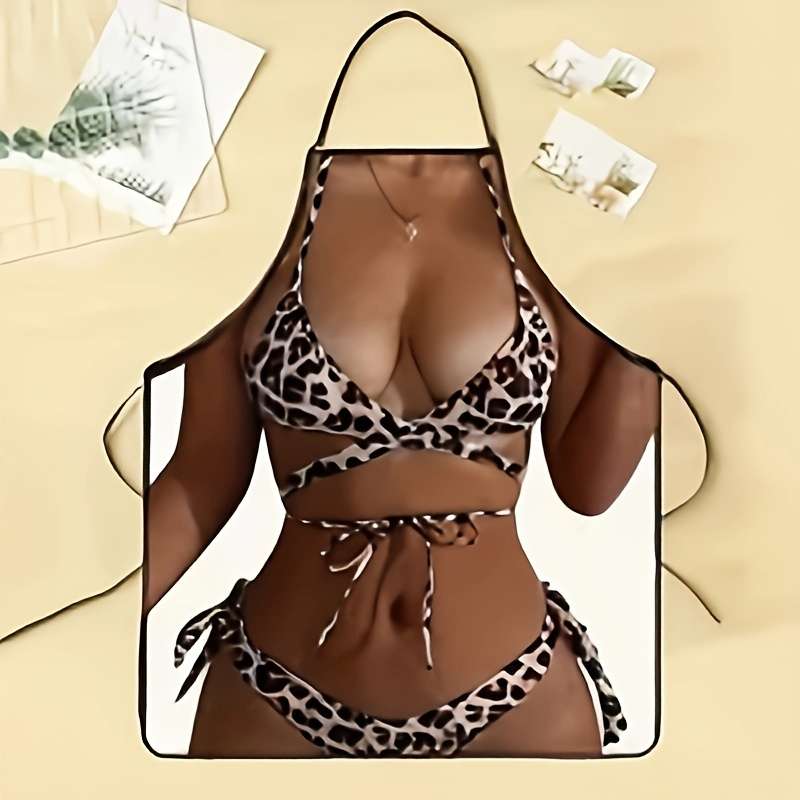 1pc Chic Leopard Print Bikini-Style Women's Apron Durable Polyester Perfect for Cooking Partie