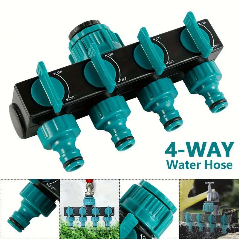 4Way Garden Hose Splitter  1" to 3/4"  1/2" Threads Durable ABS Plastic Green with Black - Essential