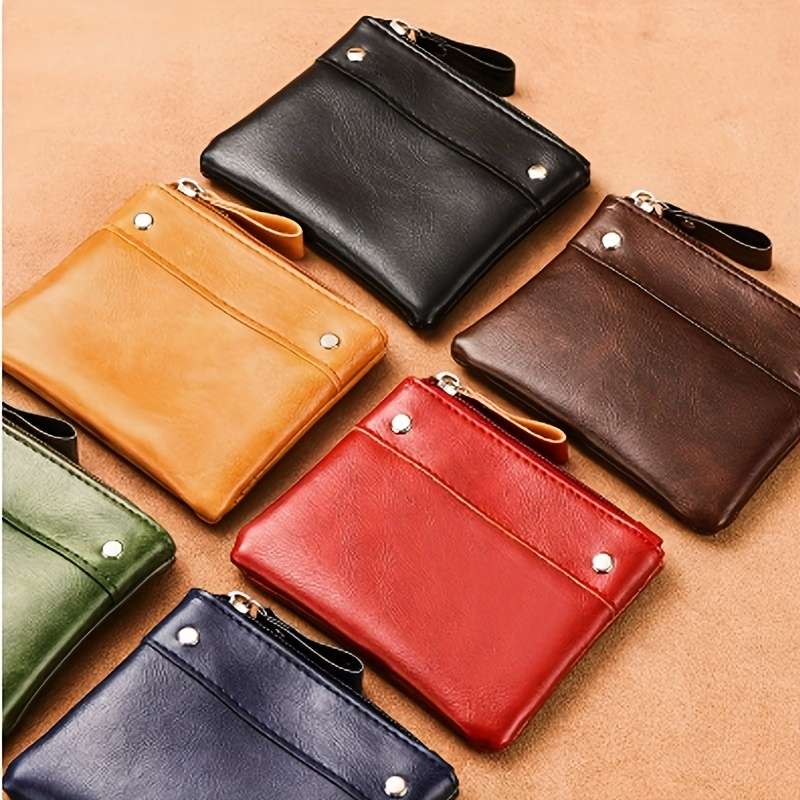 1pc One Men's retro solid color short wallet zipper card holder coin purse. Father's Day gift bi