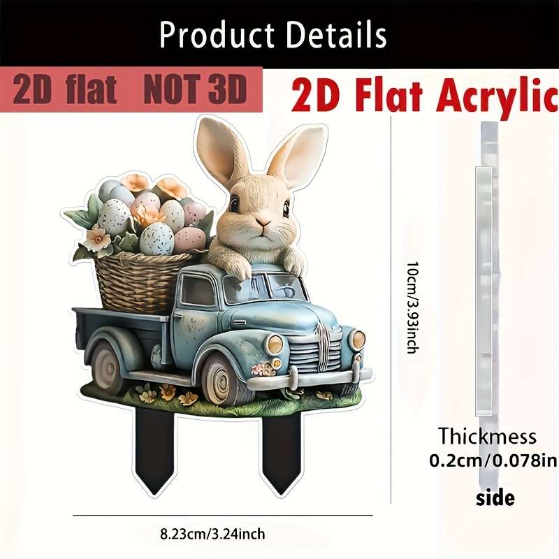 1pc 2D Flat  acrylic charming bunny and retro truck garden piles Easter themed outdoor d