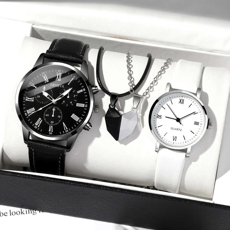 4pcs set Men's and Women's Couple Quartz Watch Set with Magnetic Black and White Love Necklace Simpl