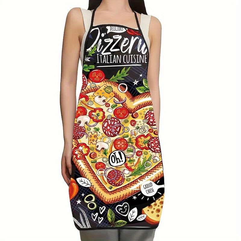 1pc Pizza Print Polyester Apron Durable Sleeveless Kitchen Apron with Vibrant Pizza Design E
