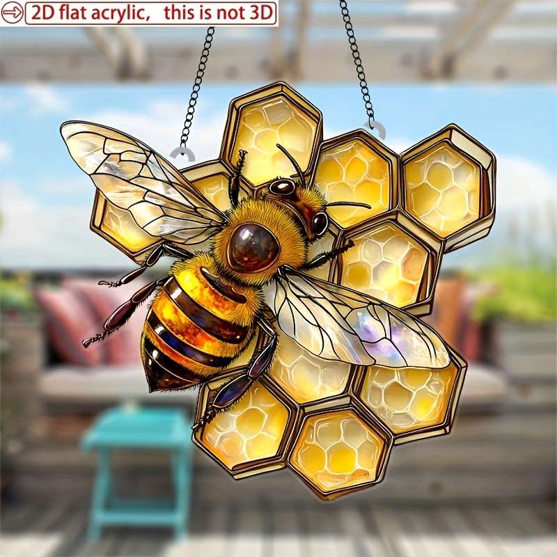 1pc 2D Flat  Acrylic Vibrant Bee Sun Catcher 8"x7.6" Honeycomb Garden Decoration Perfect Gift fo