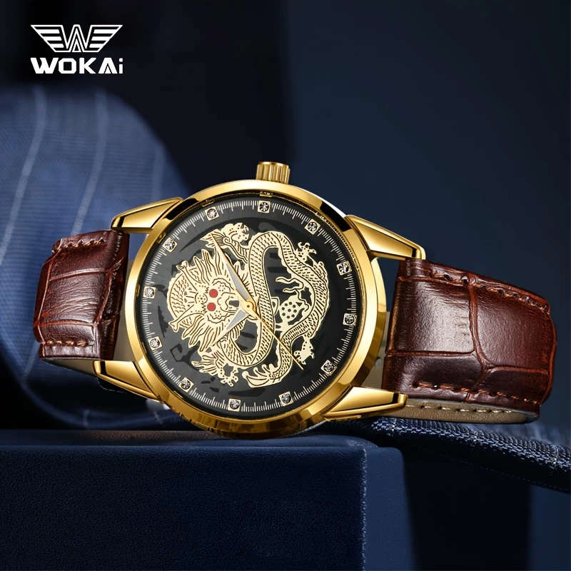 1pc Men's Dragon Zodiac Quartz Watch Classic Style with World Time Faux Leather Strap Battery Operat