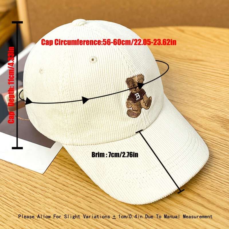 1pc Anime Bear Embroidery Cotton Corduroy Baseball Cap for Women Casual All-Match Adjustable H