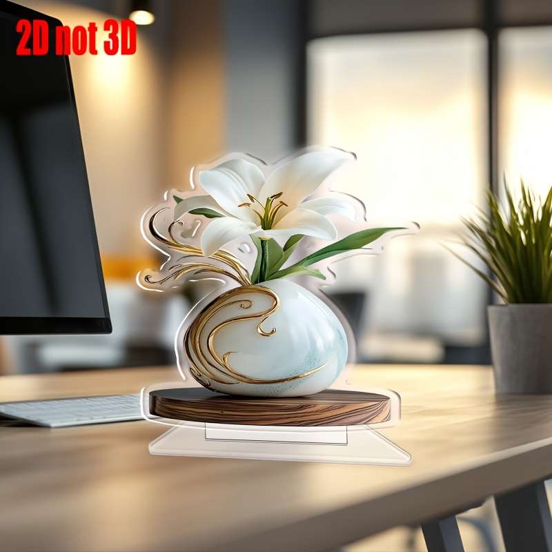 1pc 2D Flat  Acrylic Vase with Elegant White Lilies and Golden Accents Ideal for Home Office or