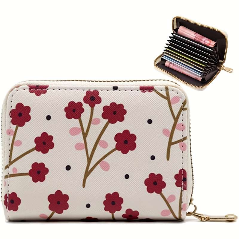 1pc Floral Credit Card Holder for Women Girls C Cute Plum Red Accordion Wallet with Zipper C