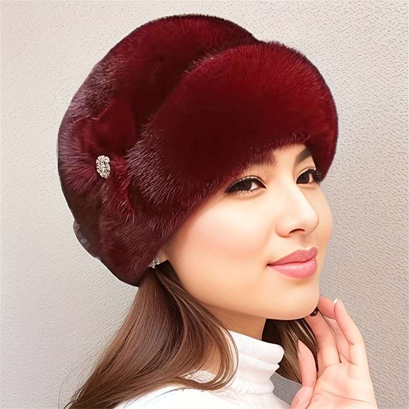 1pc Winter Warmth Faux Fur Elastic Fit Hat One Women's Ear-warming Knitted Solid Color Hat Poly