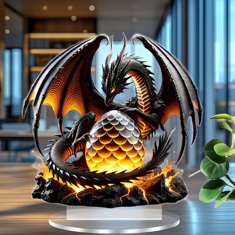 1pc 2D Flat    Acrylic Decorative Plaque Statue Majestic Black Dragon with Fiery Egg