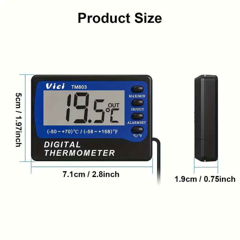 1pc Digital Thermometer with External Sensor Large Display -58 to 158 Range Alarm Alerts AAA Batter