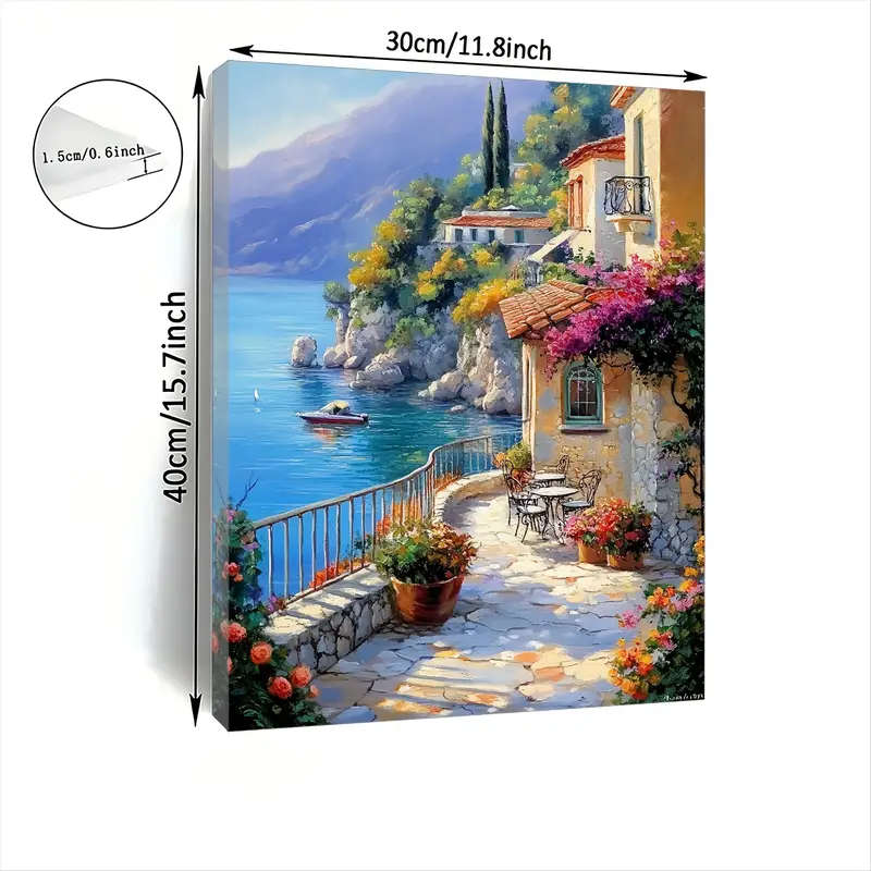 1pc Charming Seaside Village Canvas Art 29.97cm x 39.88cm Wooden Framed Wall Decor for Living Room B