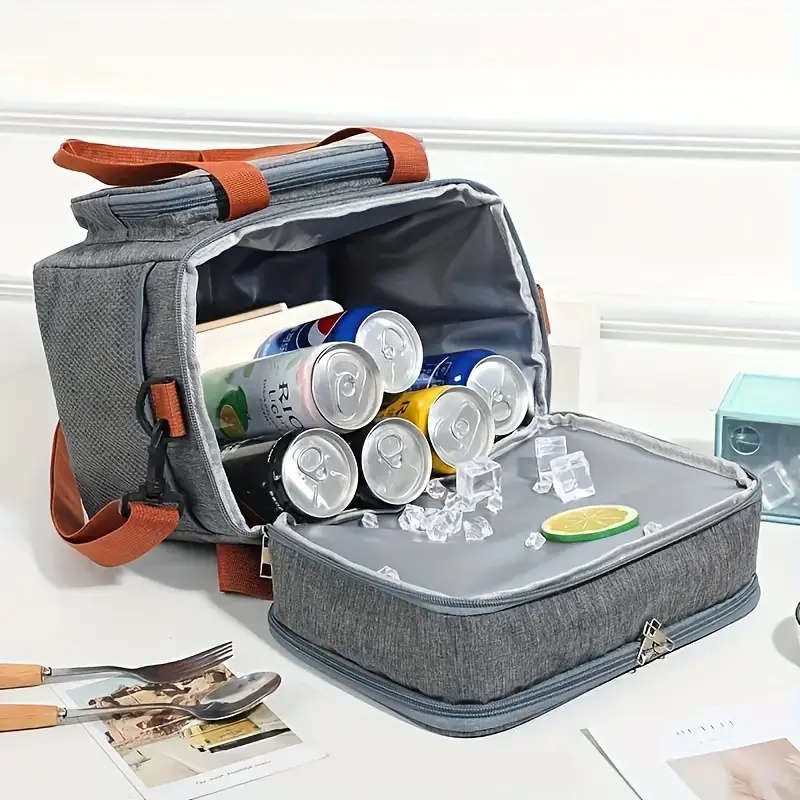 Insulated Lunch Bag Leak-Proof Double-Layer Polyester Reusable with Zippered Pockets