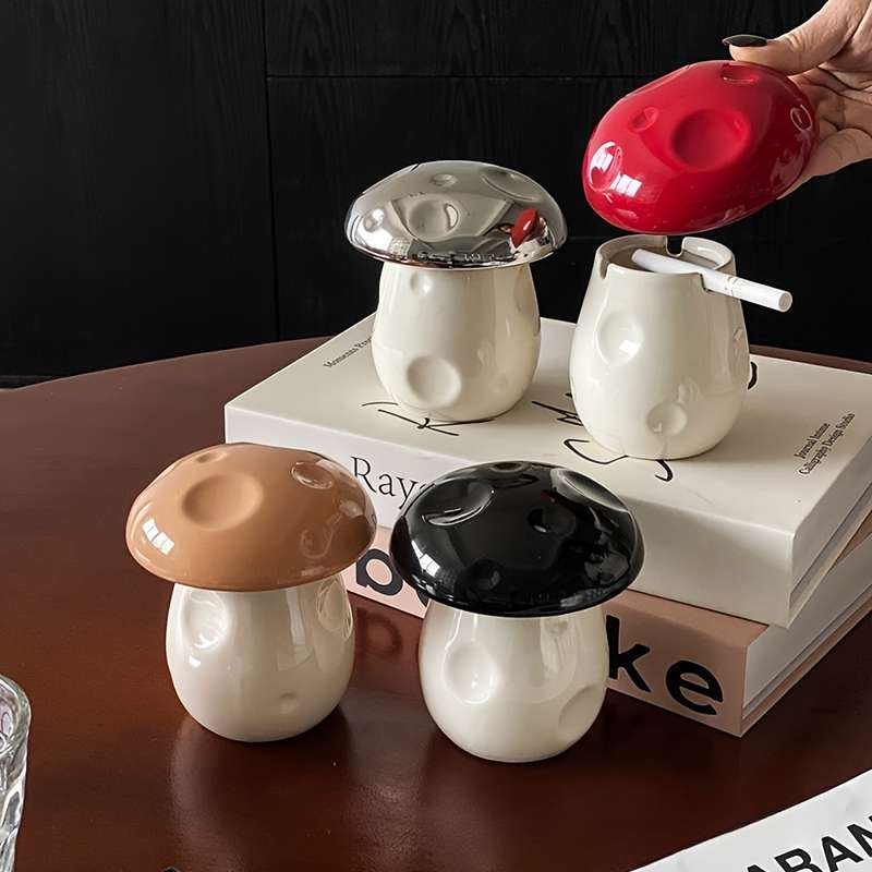 1pc Handmade Ceramic Mushroom Ashtray with Lid C Windproof Design for Indoor Outdoor Use Cut