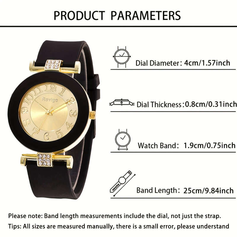 2pcs Elegant Women'S Quartz Watch Bracelet Set Black Golden Middle Eastern Calligraphy Design Classi