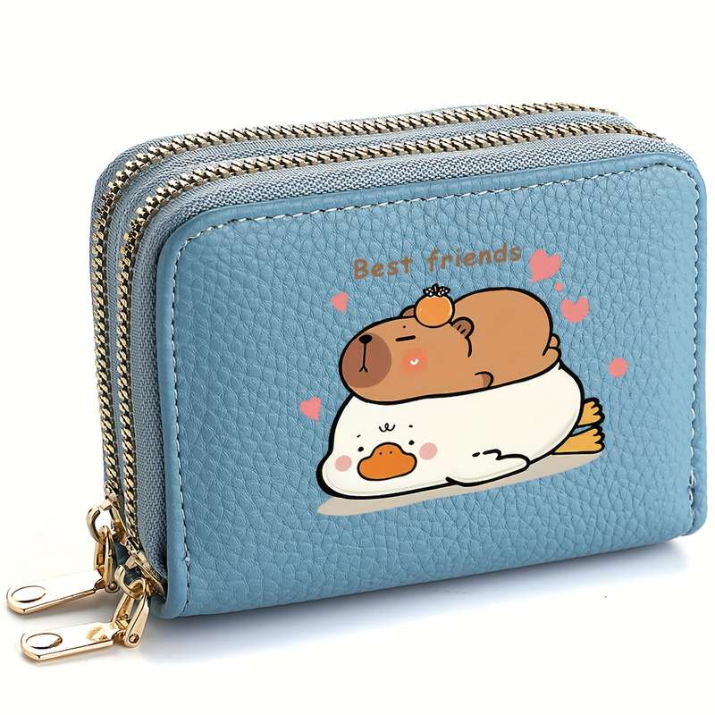 1pc DEABOLAR Cute Capybara Double Zipper Wallet Pink Faux Leather Credit Card Holder with "Be