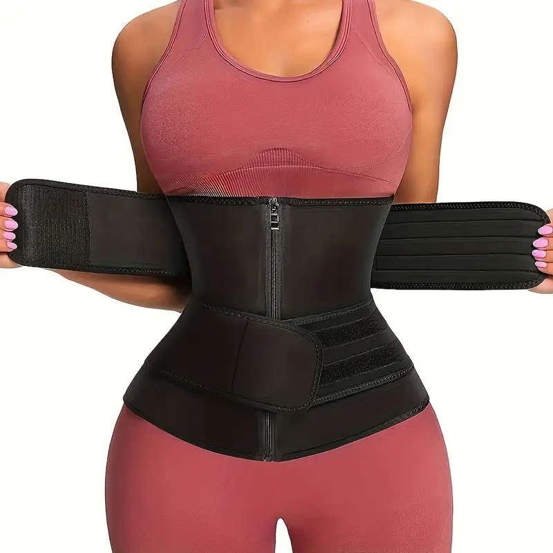 1pc Zipper Waist Trimmer With Double Belt, Waist Trainer, Hook & Loop Fastener Compression Cincher,