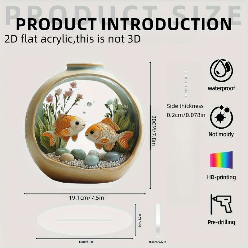 1pc 2D Flat   Bohemian Style Goldenfish Aquarium Acrylic Art Desktop Decor with Base Perfect fo