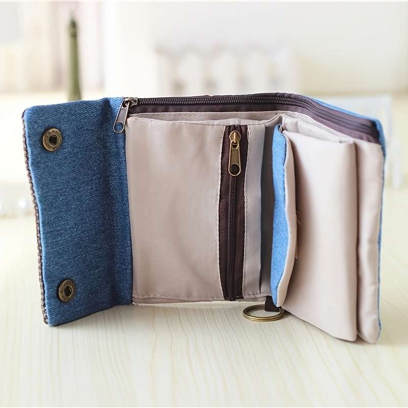 1pc Compact Bifold Wallet with Golden Snap Closure Unisex Fabric Coin Purse Card Holder Black