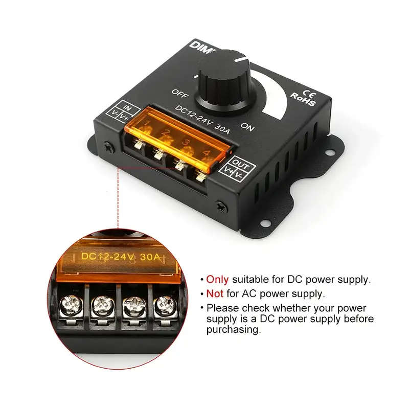 1pc Dimmable LED Driver PWM DC 12V-24V 30A Lighting Controller Composite Material Hardwired Power Su